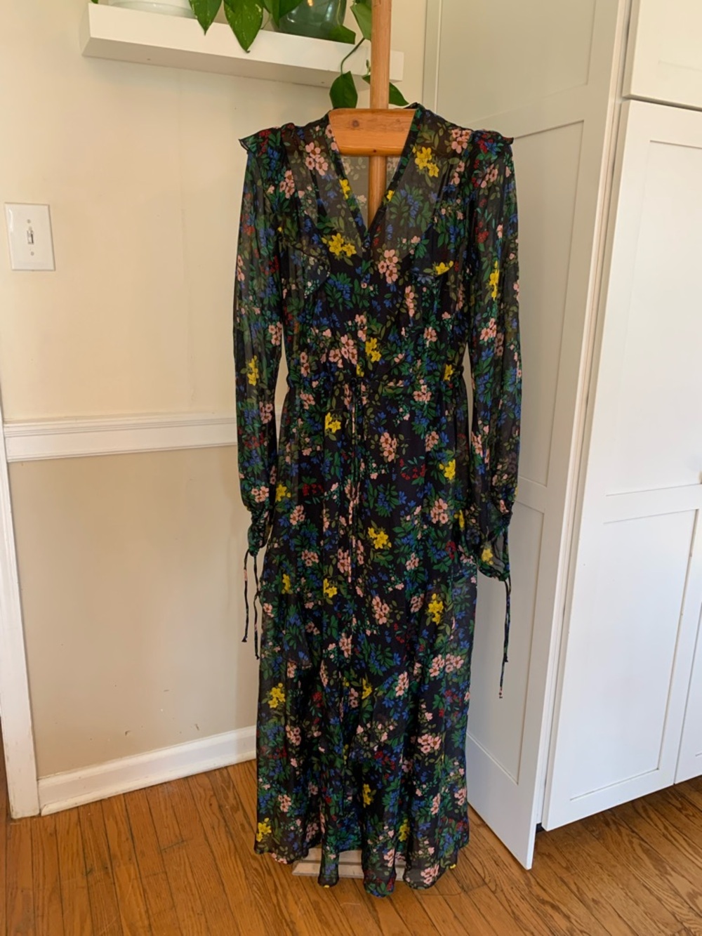 Johnny Was  Ruffles  Silk Drawstring Waist Floral Maxi Dress Blue Slip Boho Sm